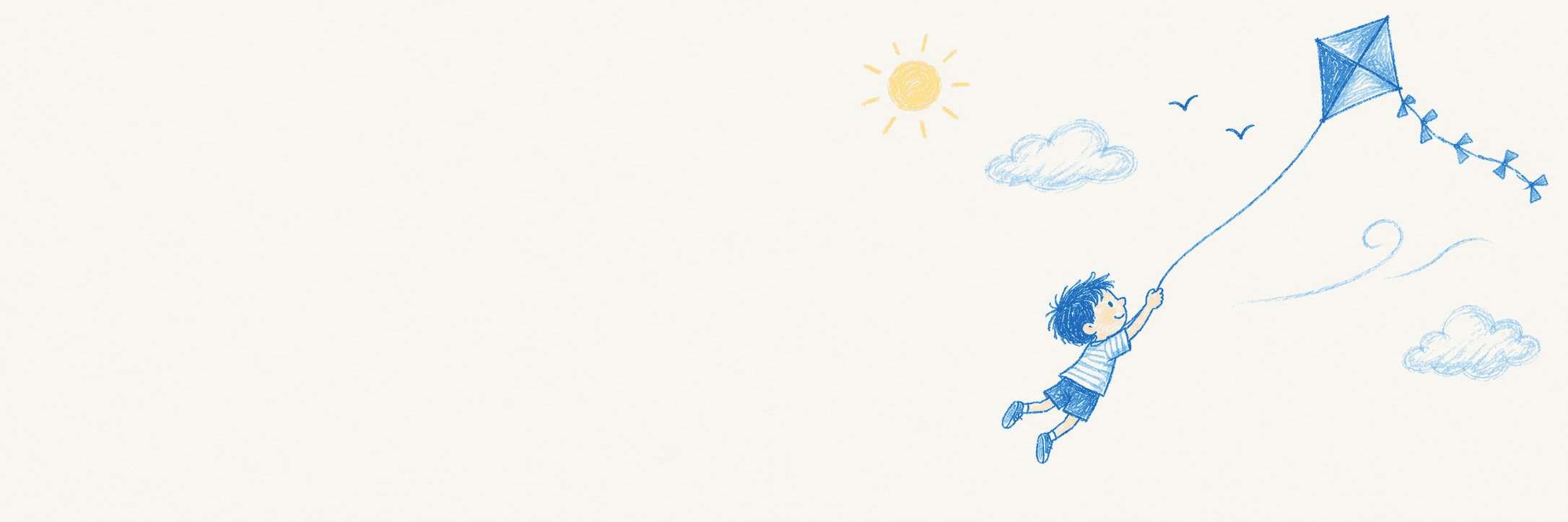A boy lifted into the air while holding his kite string, drawn in blue pencil among clouds and a small yellow sun